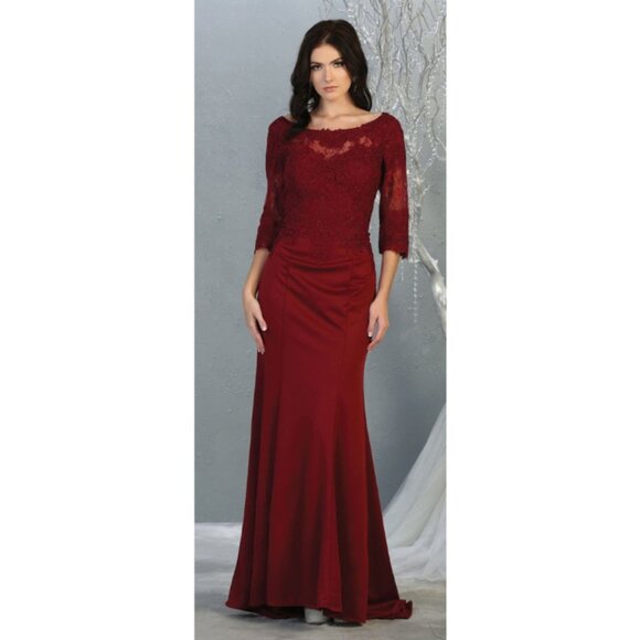 Burgundy Evening Long Scoop Neck 3/4 sleeve Trumpet Dress By May Queen MQ1810